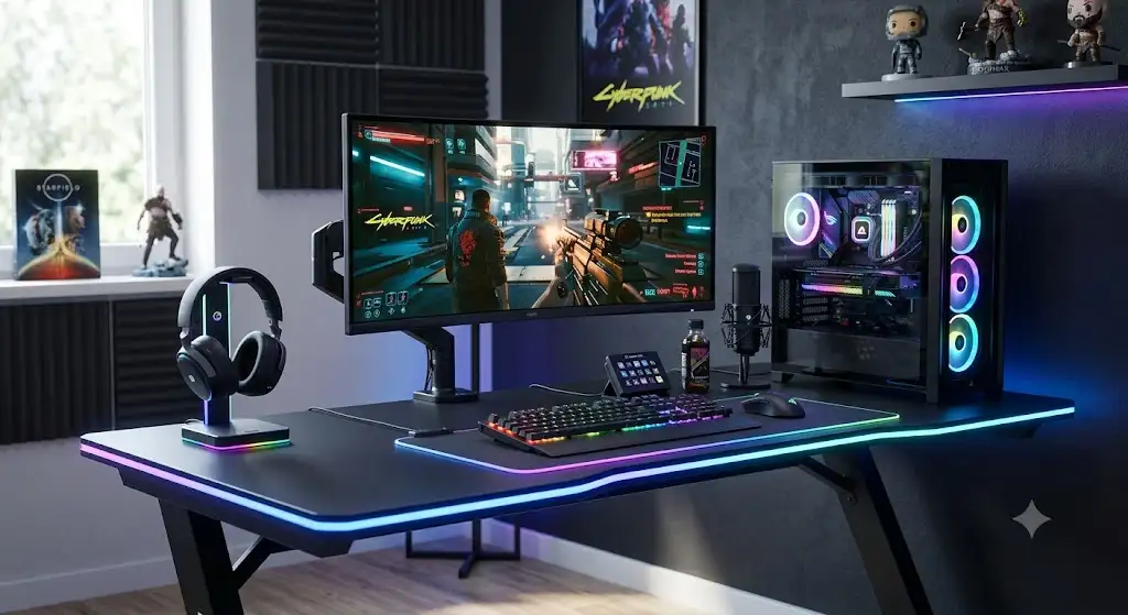 Bureau gamer RGB avec rétroéclairage LED multicolore intégré pour setup gaming moderne