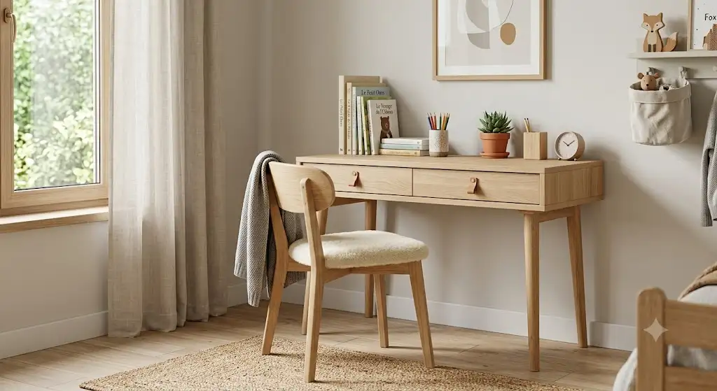 Bureau enfant en bois massif clair et chaise assortie dans une chambre au style scandinave épuré