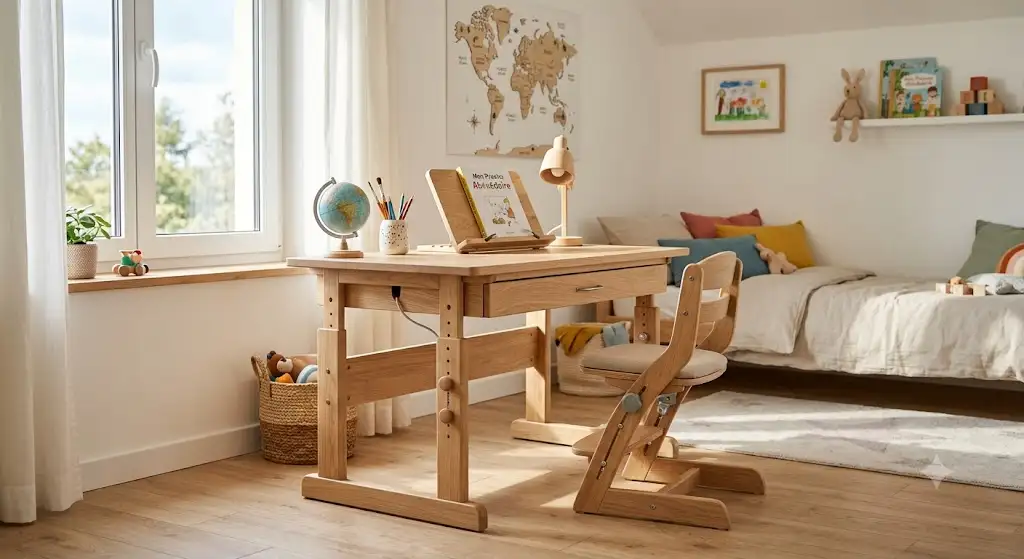 Bureau évolutif enfant en bois naturel installé dans une chambre lumineuse avec chaise assortie