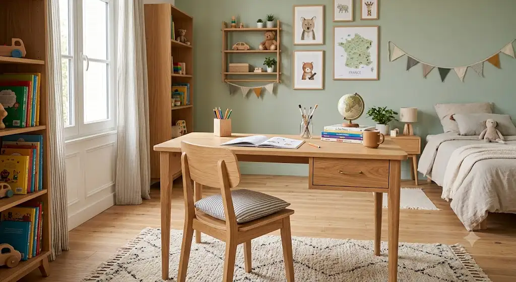 Ensemble bureau junior avec chaise assortie en bois clair installé dans une chambre d'enfant moderne