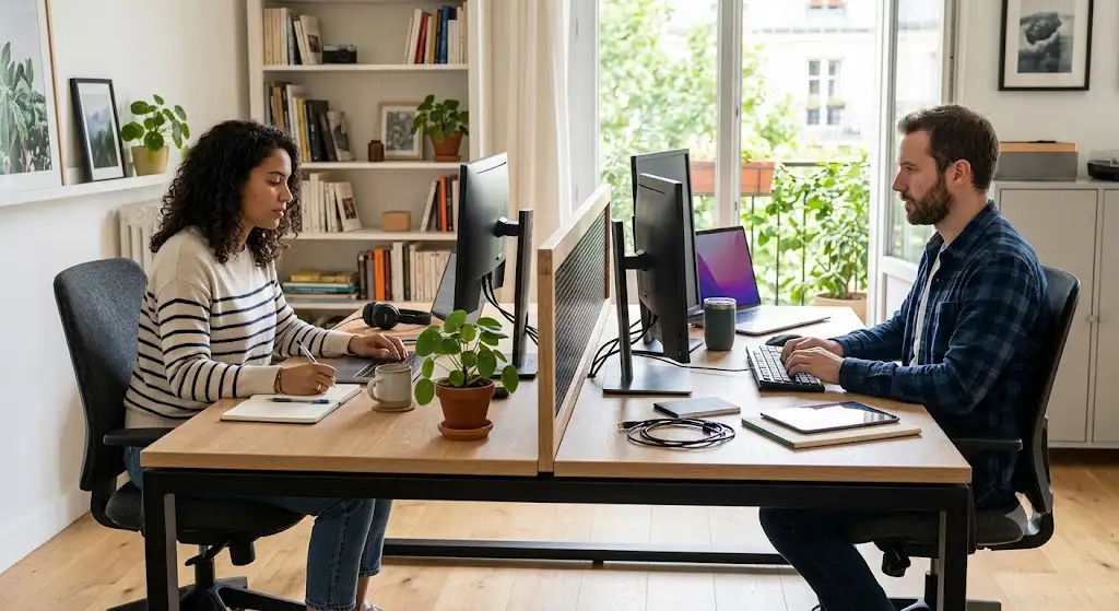 Bureau double pour deux personnes en bois clair et métal noir installé en vis-à-vis pour le télétravail