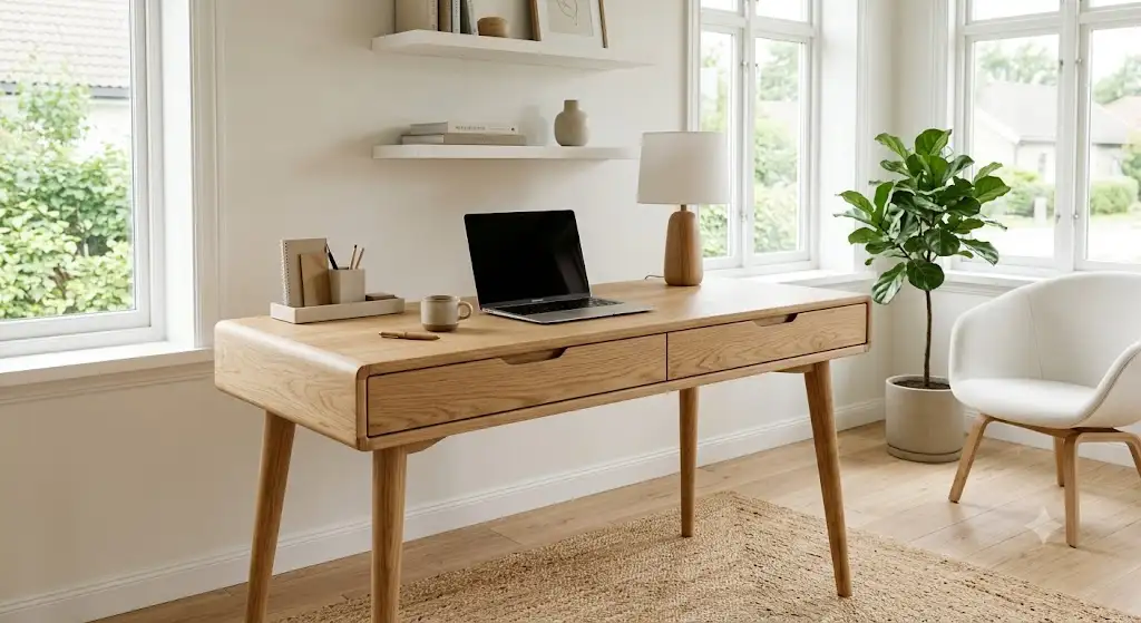 Bureau en bois massif de chêne clair au design scandinave avec tiroirs intégrés dans une pièce lumineuse