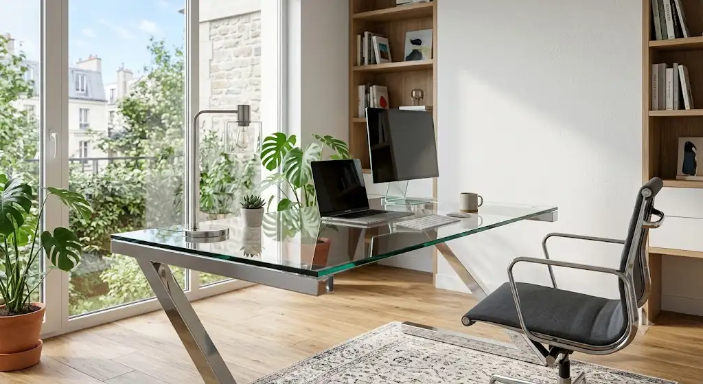 Bureau en verre trempé transparent au design contemporain installé dans un espace de travail lumineux