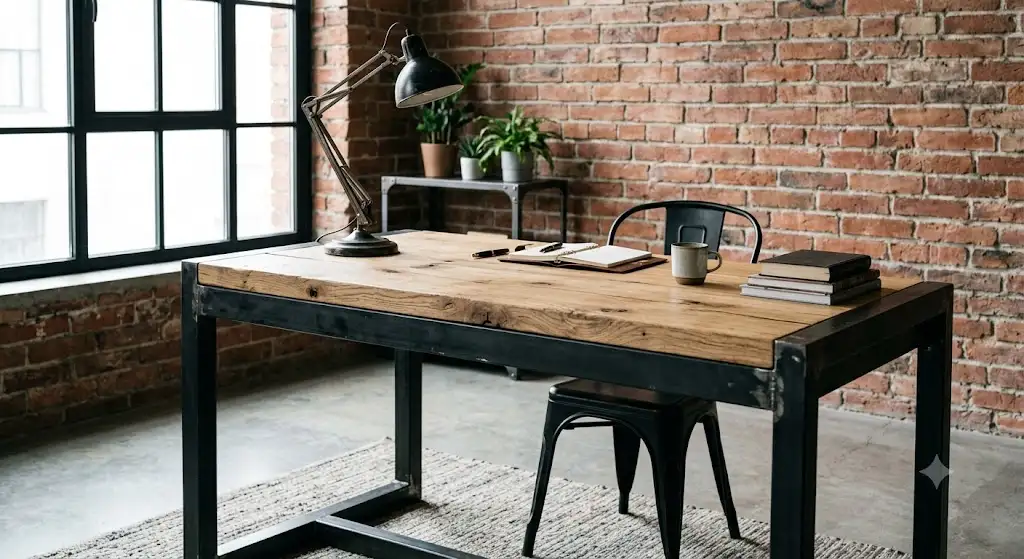 Bureau métal industriel avec plateau en bois massif brut et structure en acier noir style loft