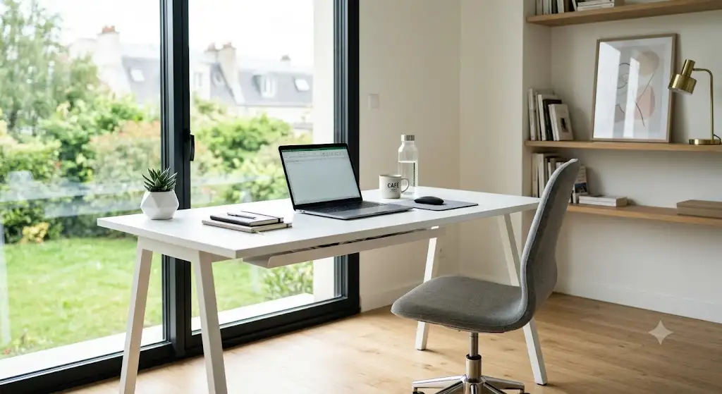 Bureau stratifié blanc au design épuré installé dans un espace de travail lumineux