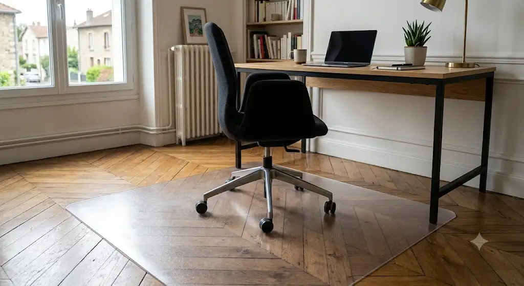 Tapis de sol pour bureau transparent protégeant un parquet en chêne sous un fauteuil à roulettes
