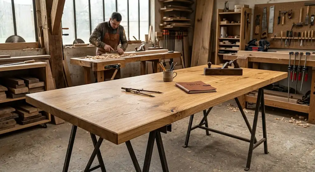 Plateau de bureau sur mesure en chêne massif huilé fabriqué artisanalement dans un atelier français
