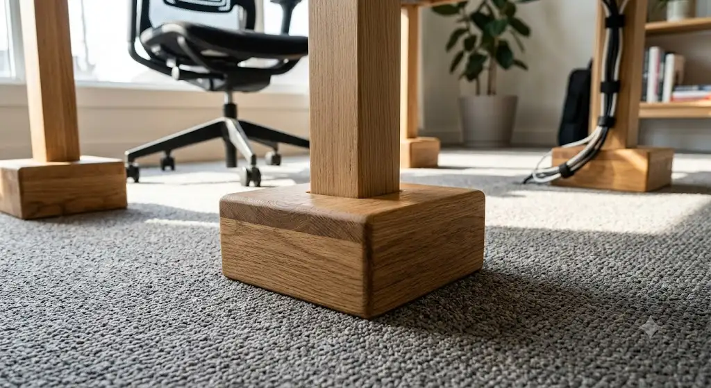 Rehausseur de pieds de bureau ergonomique en bois massif sous les pieds d'un bureau de travail