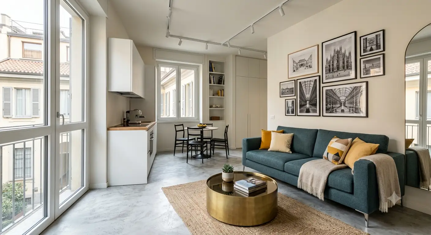 Progetto di arredo per un monolocale a Milano con zona giorno luminosa e divano letto di design
