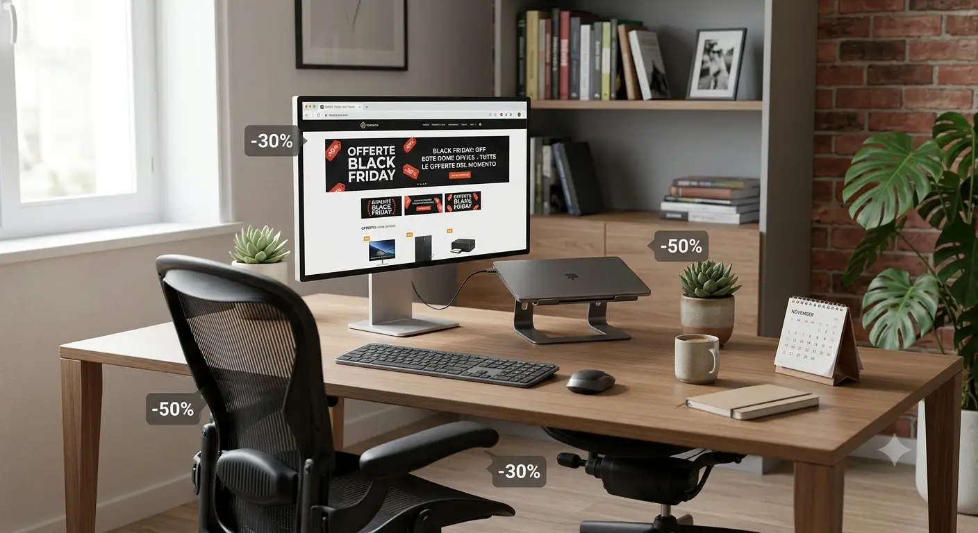 Postazione da lavoro con monitor e sedia ergonomica per le offerte Black Friday home office