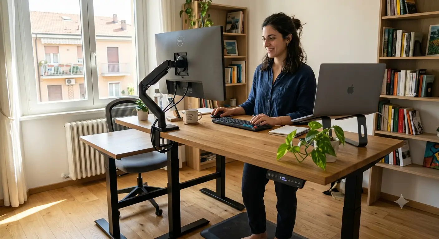 Illustrazione che spiega cos'è una scrivania sit stand regolabile in altezza per ufficio e smart working