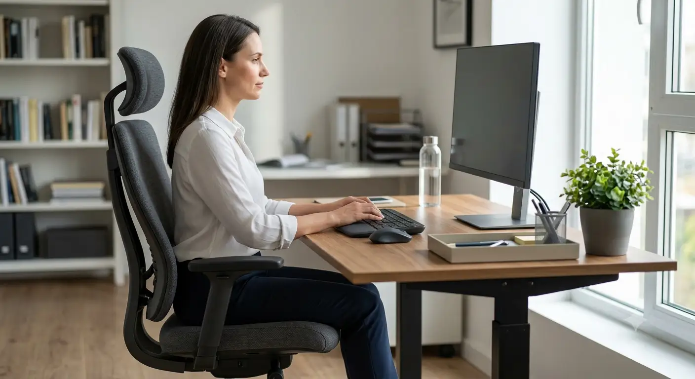 Illustrazione della postura corretta da assumere alla scrivania dell'ufficio secondo le linee guida sull'ergonomia