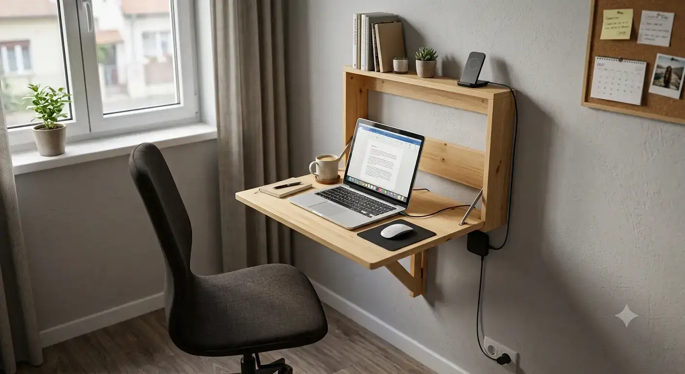 Postazione home office basso budget sotto i 300 euro con scrivania pieghevole a parete per risparmiare spazio