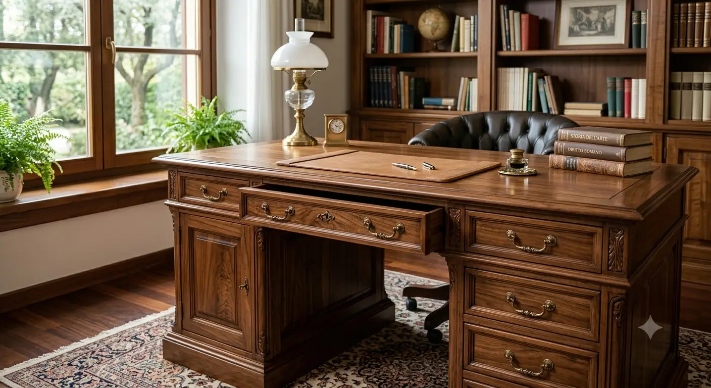 Scrivania classica da ufficio in legno massello finitura noce con cassetti e dettagli artigianali