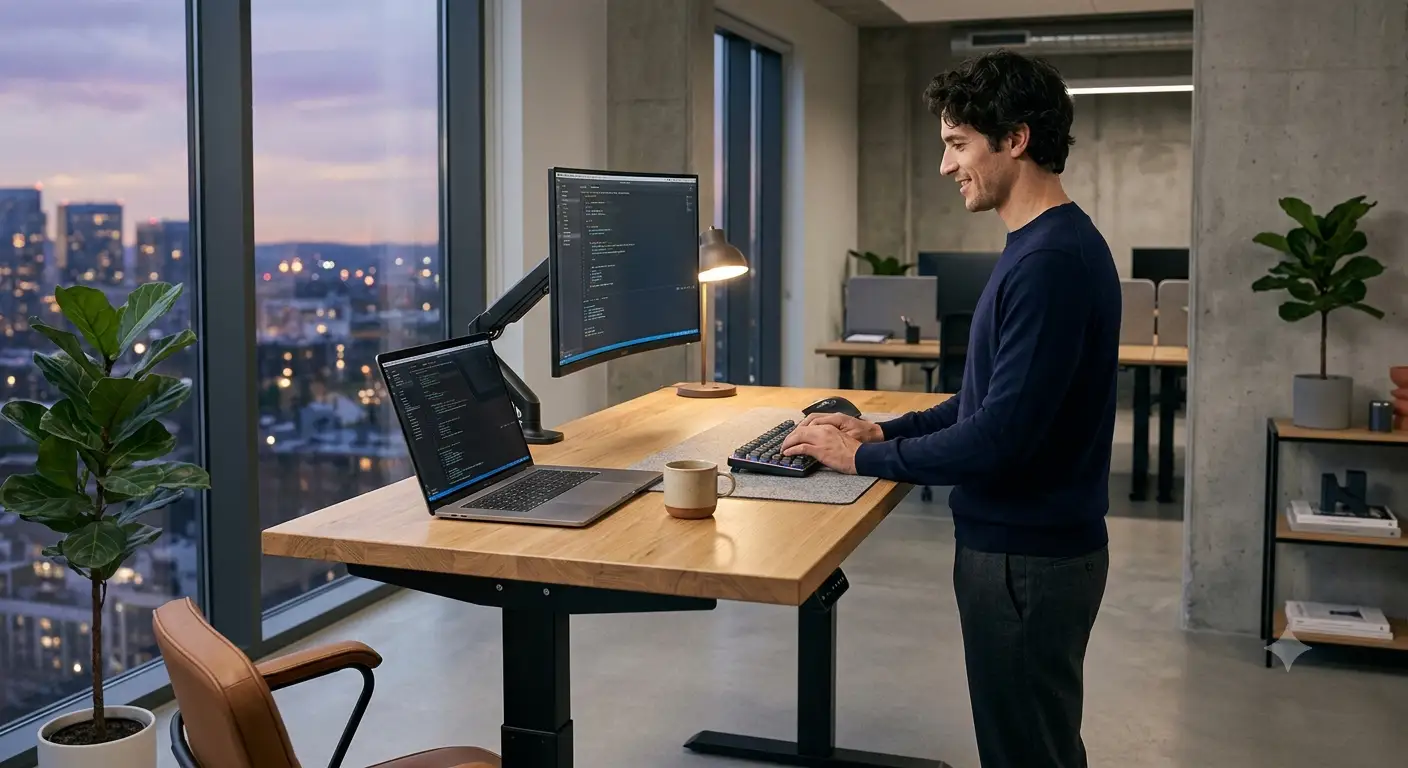 Scrivania elettrica sit-stand regolabile in altezza collocata in un ufficio moderno ed ergonomico