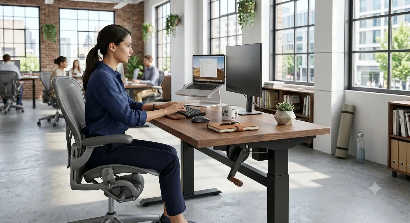Scrivania manuale a manovella regolabile in altezza collocata in un moderno ufficio ergonomico