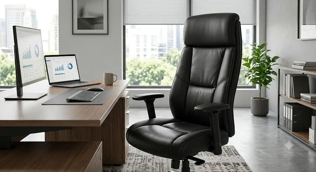 Chaise de direction grand confort en cuir noir avec accoudoirs réglables dans un bureau professionnel moderne.