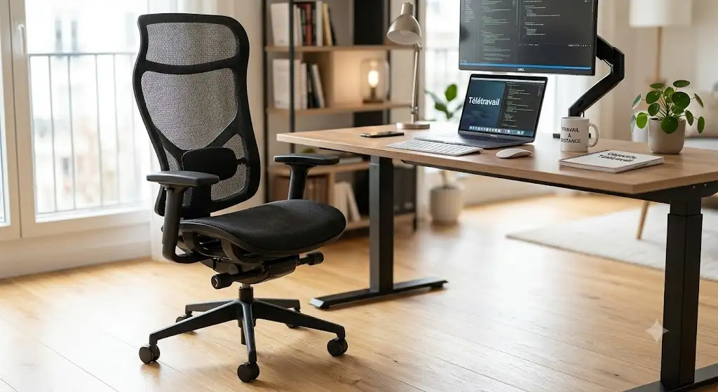 Chaise de bureau ergonomique en filet mesh noir avec dossier respirant pour le télétravail. (chaise filet mesh bureau)