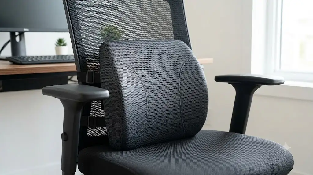 Coussin lombaire ergonomique en mousse à mémoire de forme installé sur une chaise de bureau. (coussin lombaire pour chaise de bureau)