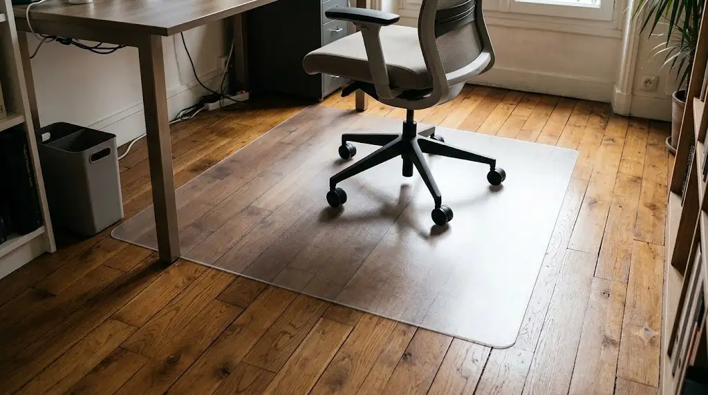 Tapis de protection de sol pour chaise de bureau transparent posé sur un parquet en chêne