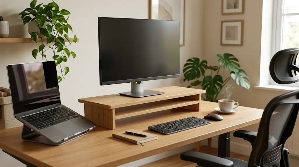 Rehausseur d'écran d'ordinateur en bois installé sur un bureau de télétravail ergonomique