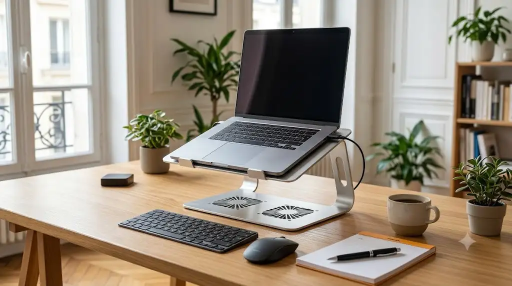 Support portable ventilé en aluminium réglable posé sur un bureau de travail en France