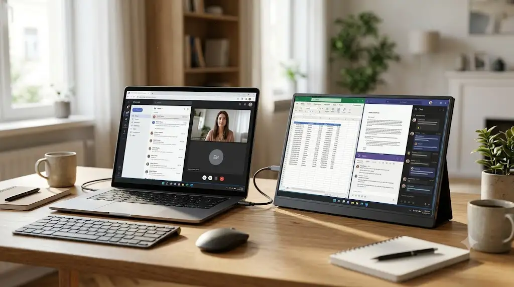 Écran portable USB-C connecté en double affichage à un ordinateur portable pour le télétravail