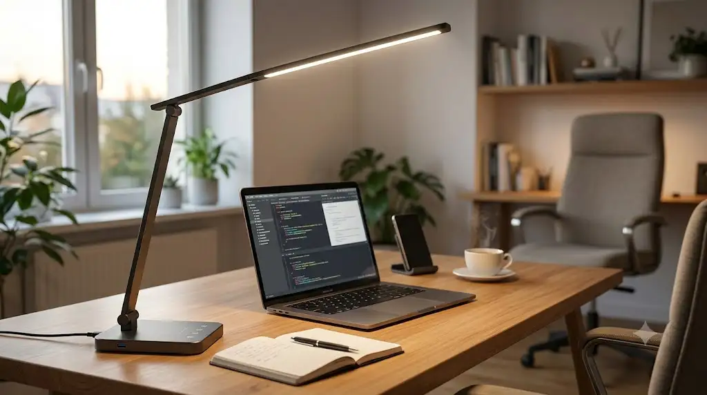 Lampe de bureau LED au design moderne éclaire un poste de télétravail contemporain avec ordinateur portable