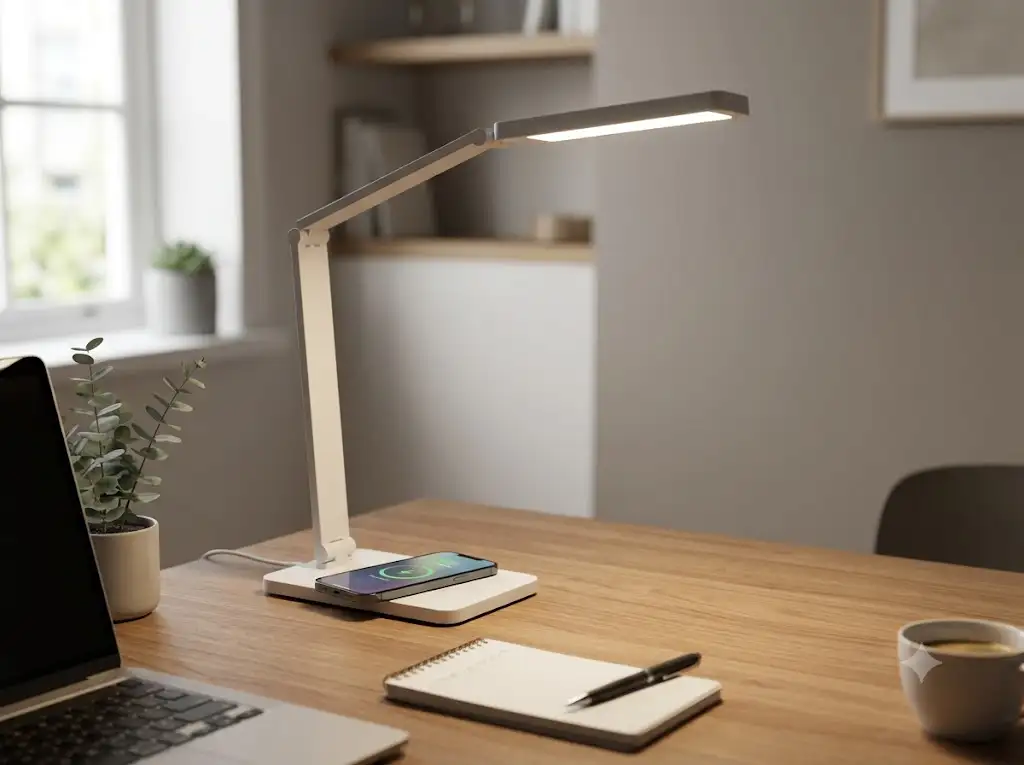 Lampe LED avec chargeur sans fil posée sur un bureau en bois moderne