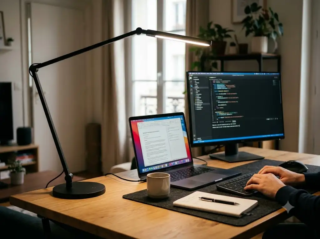 Lampe LED anti-fatigue visuelle installée sur un bureau en télétravail pour préserver le confort oculaire