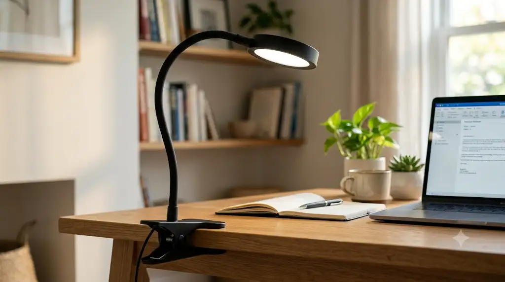 Lampe LED à pince fixée sur un bureau en bois pour le télétravail