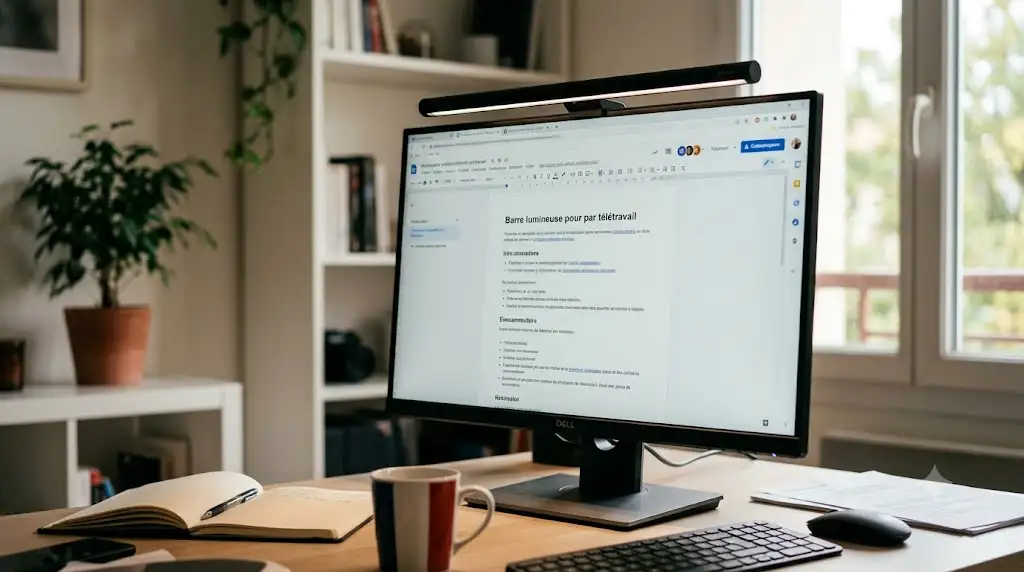 Barre lumineuse pour écran d'ordinateur installée sur un moniteur de bureau en télétravail