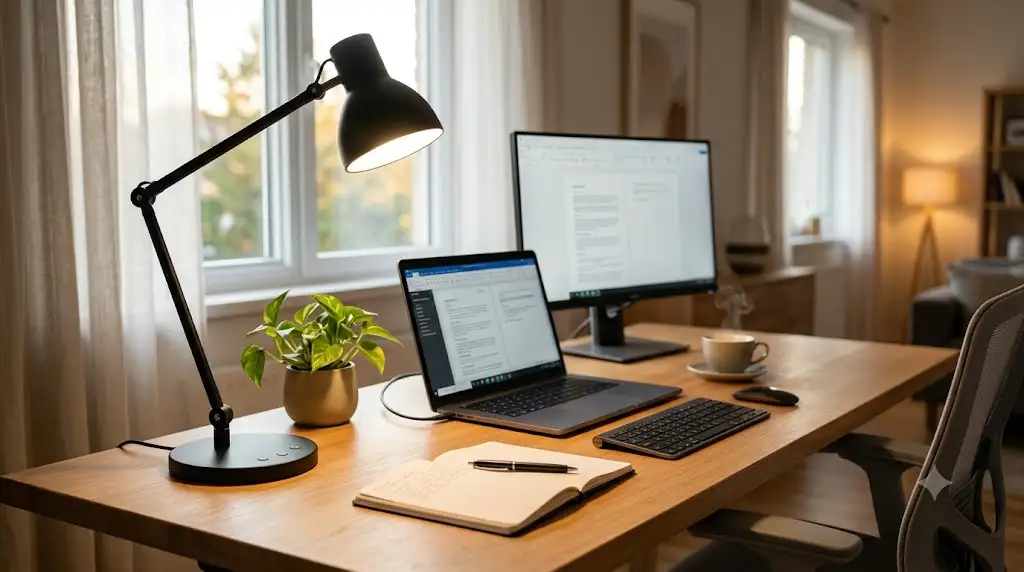Lampe de bureau à intensité réglable moderne en métal noir allumée sur un espace de télétravail. (lampe de bureau intensité réglable)