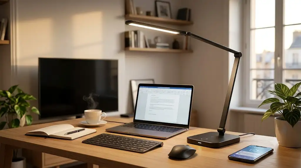 Lampe de bureau connectée au design minimaliste illuminant un espace de télétravail moderne.