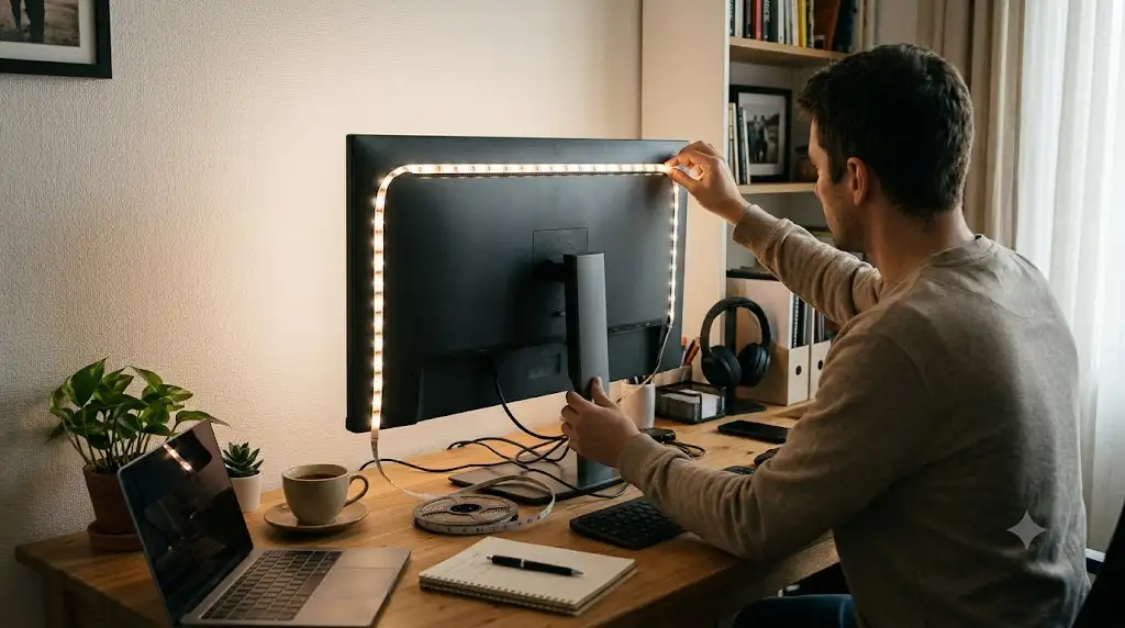 Installation d'un ruban LED pour bureau fixé derrière un écran pour un éclairage d'ambiance en télétravail