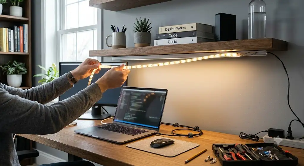 Installation d'un éclairage sous meuble bureau par ruban LED pour illuminer efficacement l'espace de travail.