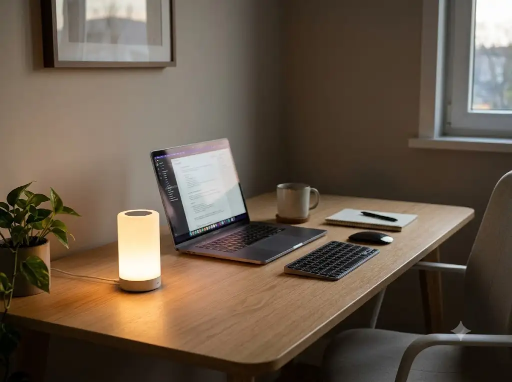 veilleuse d'ambiance bureau avec éclairage LED tamisé sur un espace de télétravail moderne et épuré.