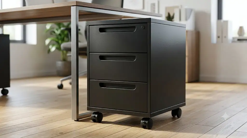 Caisson de bureau à roulettes en métal noir avec trois tiroirs de rangement et poignées intégrées